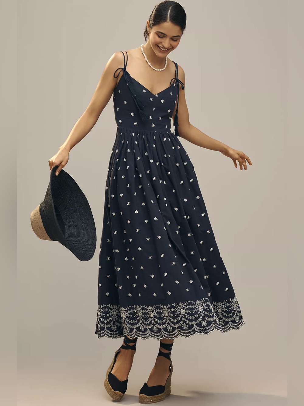 En Saison Navy Midi Dress with White Floral Embroidery